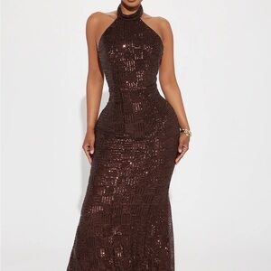 Fashion Nova Chocolate Sequin Backless Dress